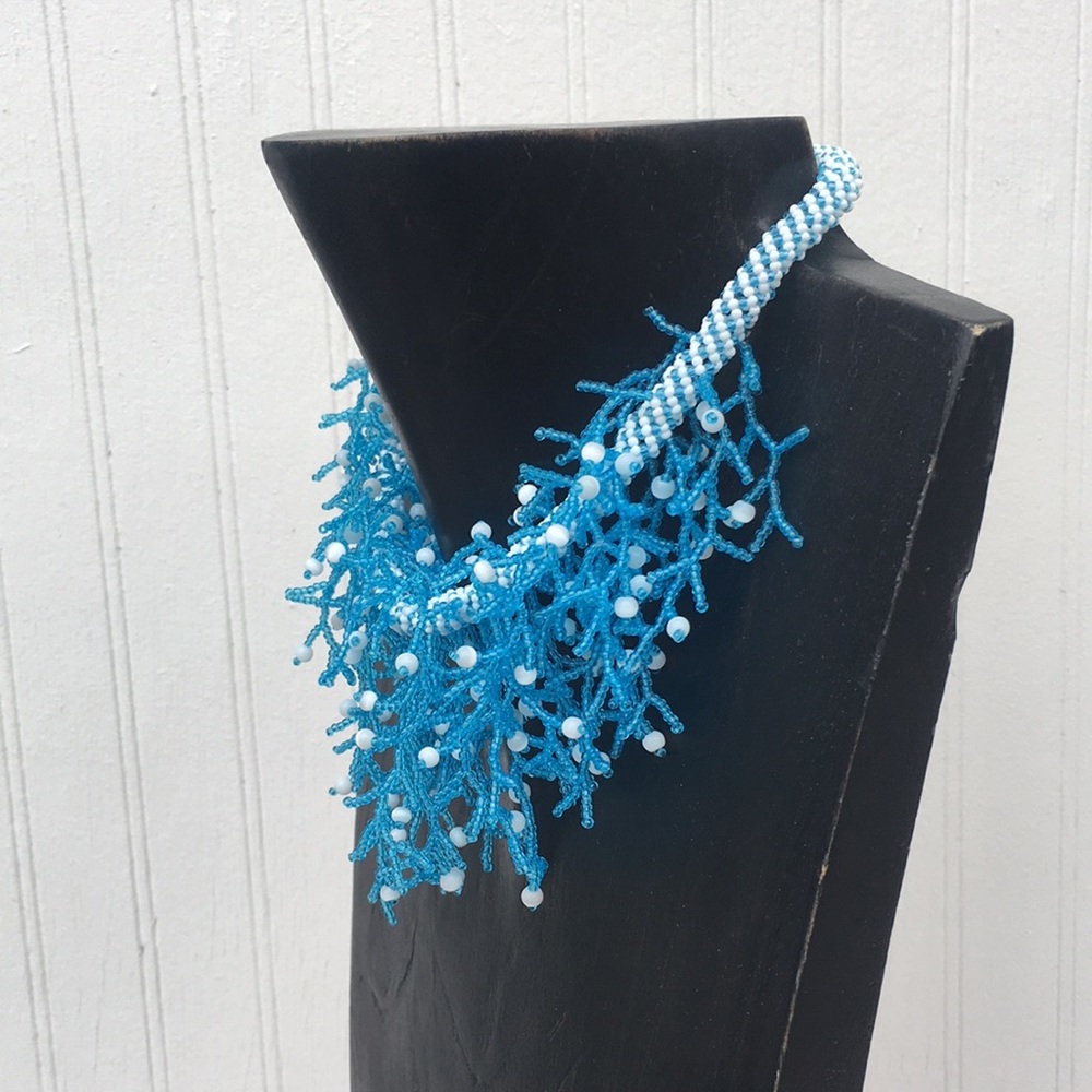 Blue beaded necklace chandelier